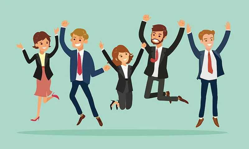 Cartoon of five business people in suits jumping with arms raised against a green background