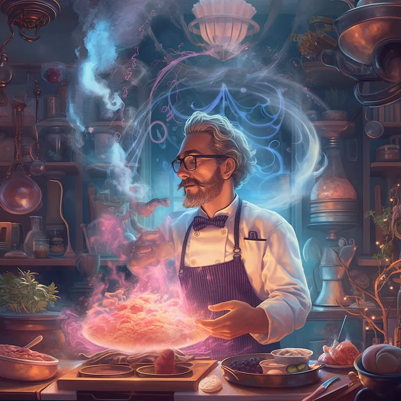 Bearded chef in glasses conjuring glowing pink and blue smoke over a magical kitchen