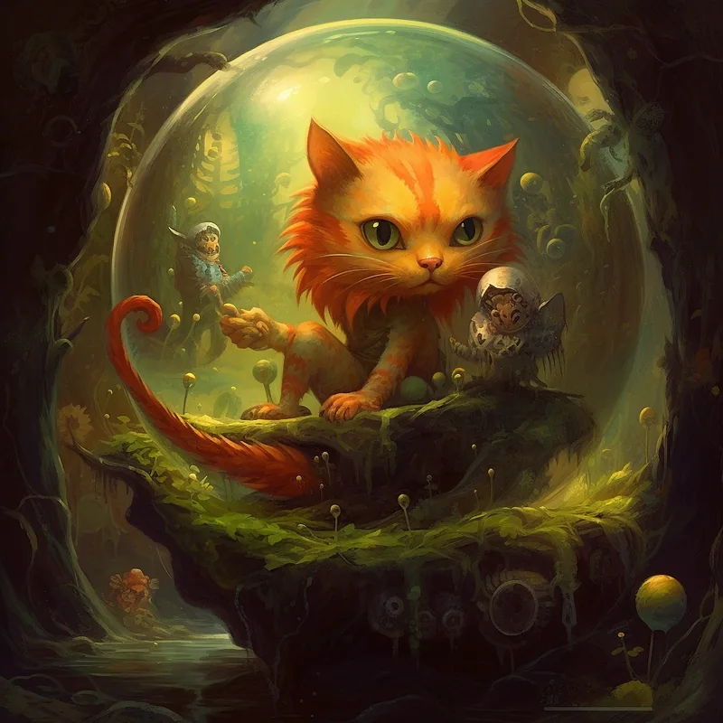 Whimsical orange kitten inside a glowing orb on a mossy ledge with tiny astronauts