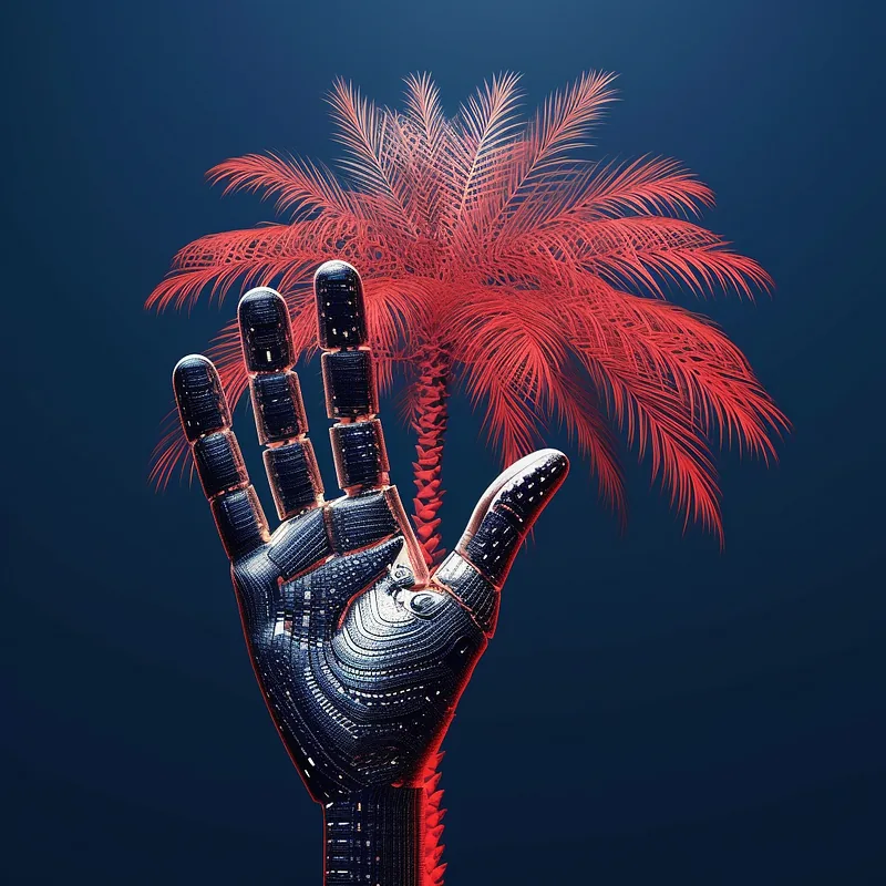 Robotic circuit-patterned hand forming a red palm tree against a dark blue background