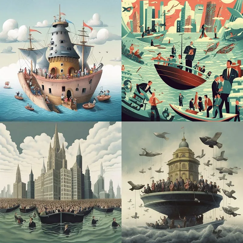 Four surreal illustrations of business people on ships and skyscrapers rising from the sea