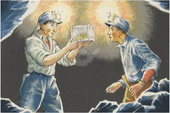 Vintage illustration of two miners underground holding up a caged canary by lamplight