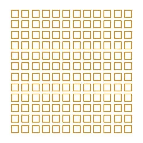 Evenly spaced grid of separate gold-outlined squares with gaps between each, on white