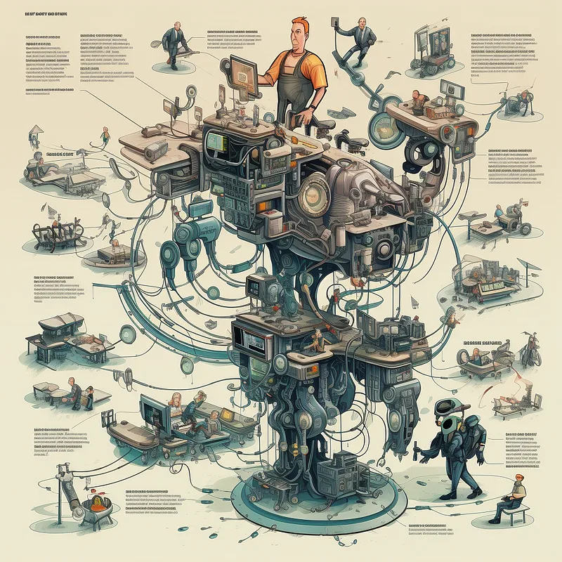 Whimsical illustration of a towering machine of stacked control panels with tiny workers tending tangled pipes