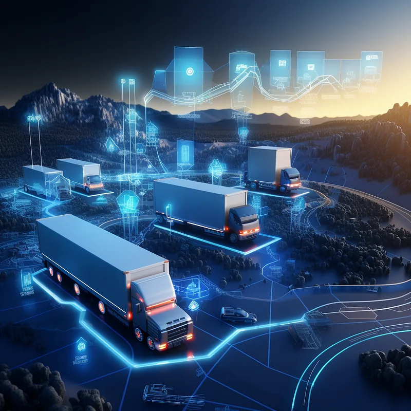 Glowing blue trucks following neon delivery routes across a dark landscape with floating holographic data panels