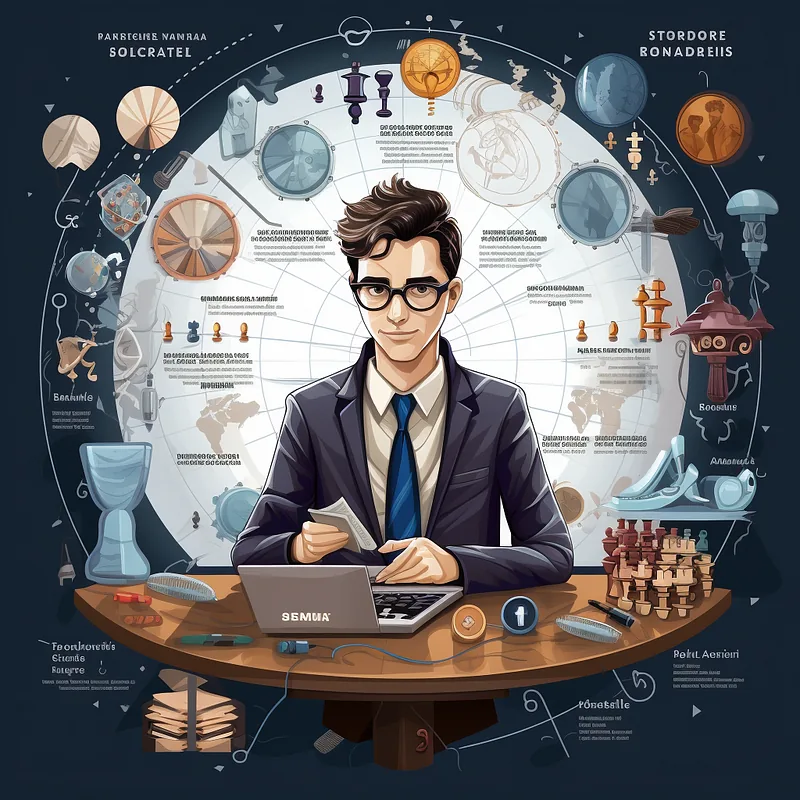Stylized man in a suit at a laptop, surrounded by chess pieces and a globe of orbiting business icons