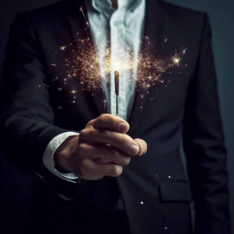 Hand of a person in a dark suit holding a thin wand emitting a burst of golden sparks