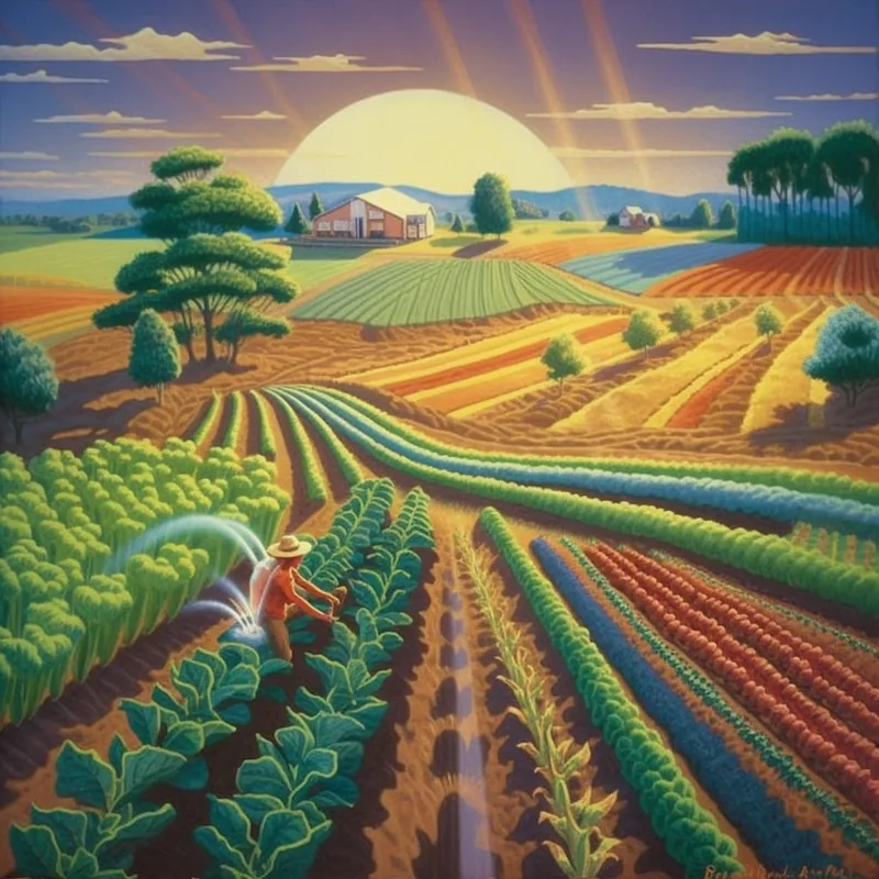 Painting of a farmer hand-watering rows of crops on a patchwork of colorful fields at sunset