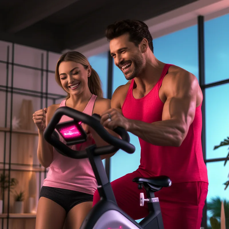 Smiling man and woman working out together on a stationary exercise bike in a modern room
