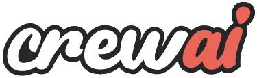 Stylized cursive "crewai" wordmark logo in black with a coral-red robot face
