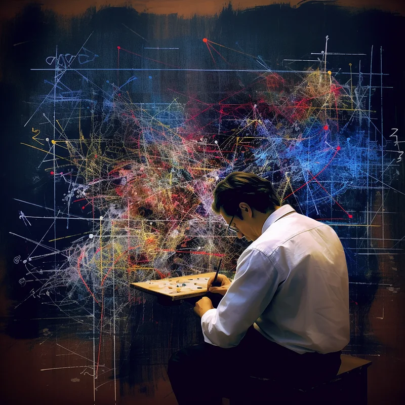 Man in a white shirt painting at a small easel before a dark canvas of tangled colorful data lines