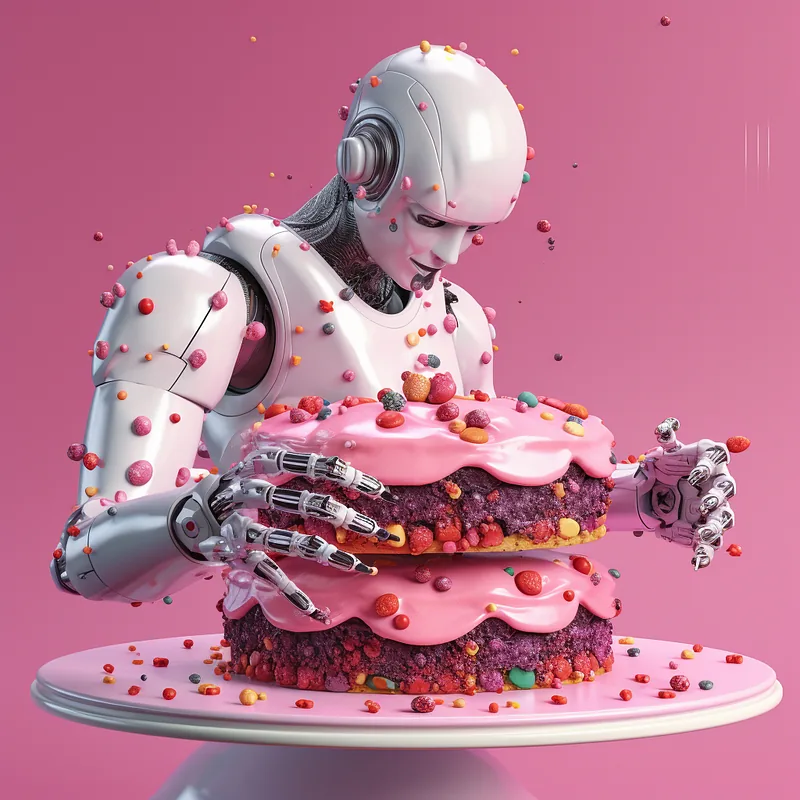 White humanoid robot assembling a two-layer pink-frosted cake covered in candy sprinkles