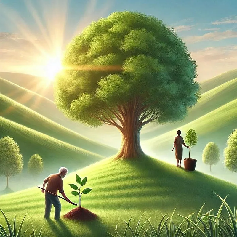 Illustration of an older man planting a seedling and a woman tending a sapling beside a large tree at sunrise