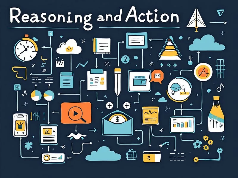 Hand-drawn doodle titled "Reasoning and Action" with icons, charts, and arrows linking them on a dark background